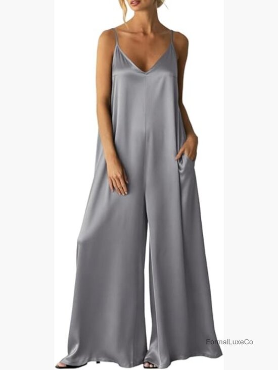 Pants - Satin Wide Leg Jumpsuit Spaghetti Strap Date Night Romper Flowy One Piece